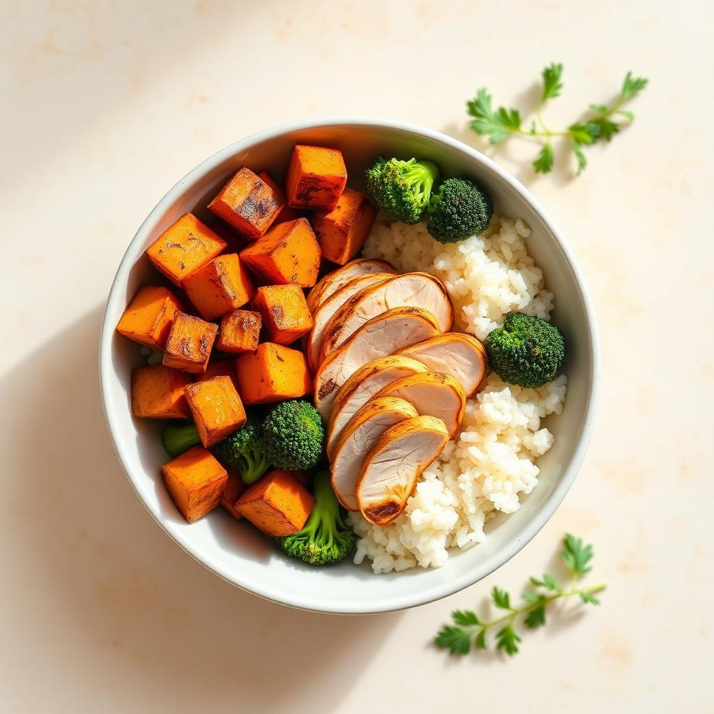 Eiwitrijke maaltijd met kip, zoete aardappel en broccoli